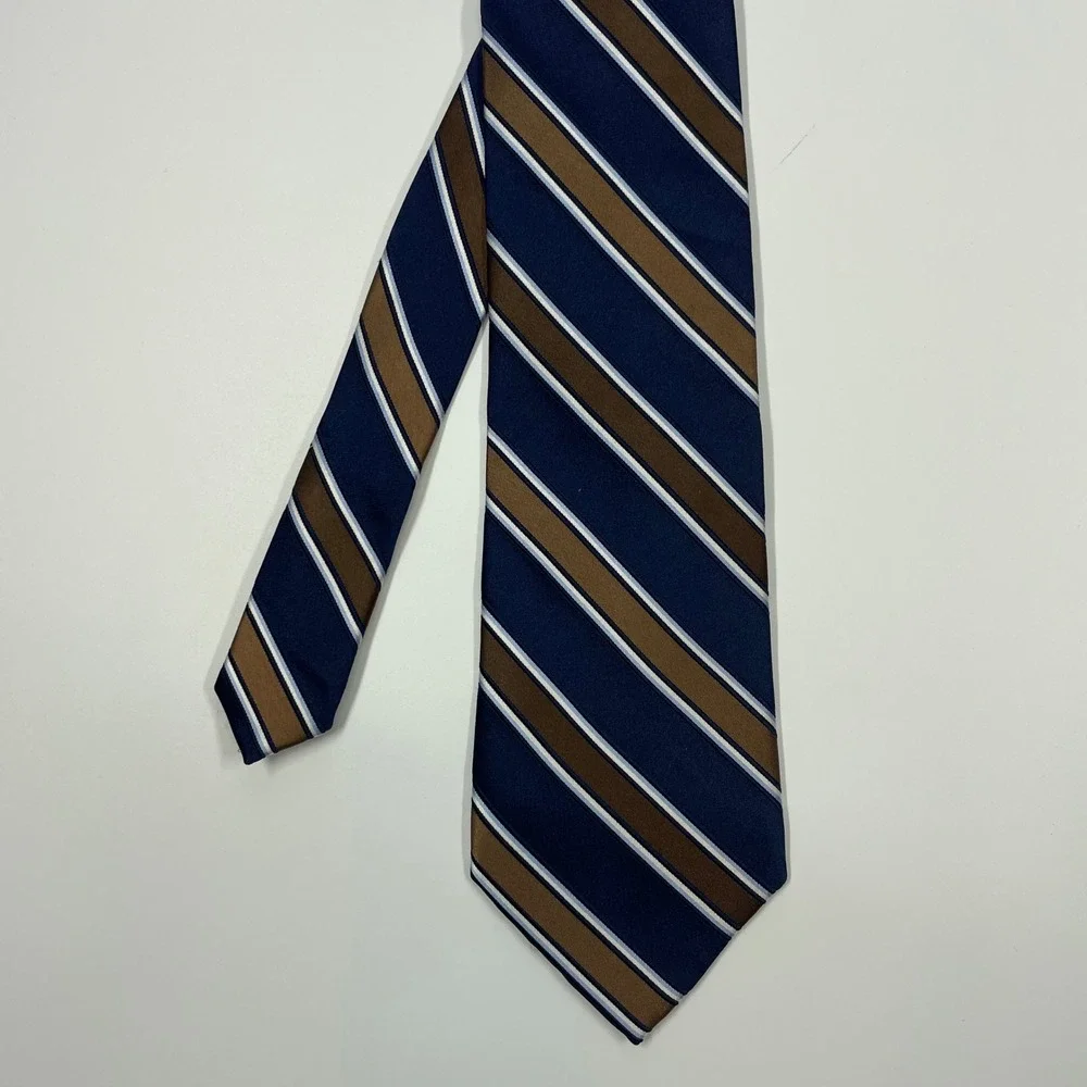 Stafford Navy Blue Brown Striped Silk Cotton Blend Necktie Mens One Size